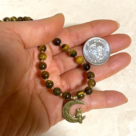Tigers Eye Bronze Cat on the Moon Necklace, Genuine Gemstone Beaded Necklace - Picture 10 of 10
